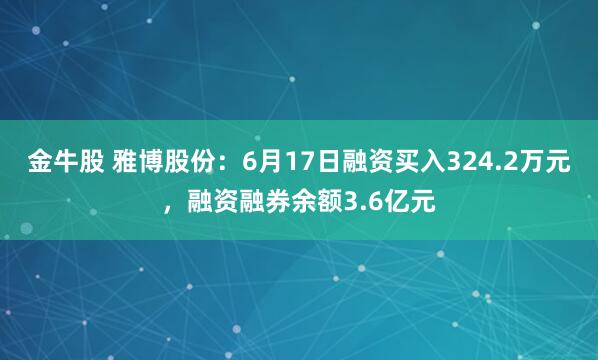 金牛股 雅博股份：6月17日融资买入324.2万元，融资融券余额3.6亿元